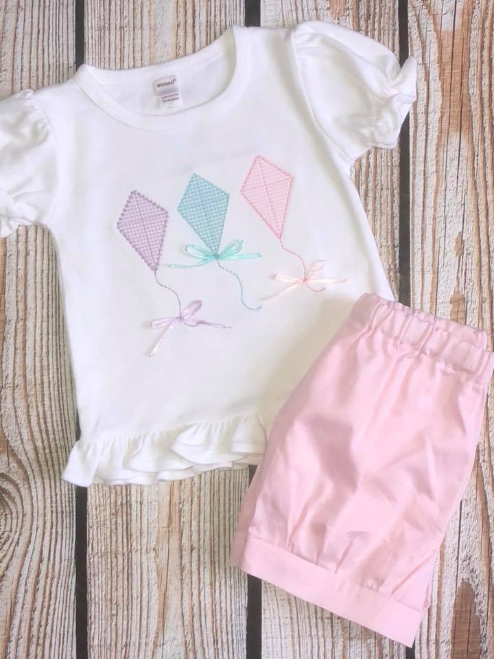 Summer kite embroidered applique personalized girls ruffle shirt baby bodysuit or infant gown