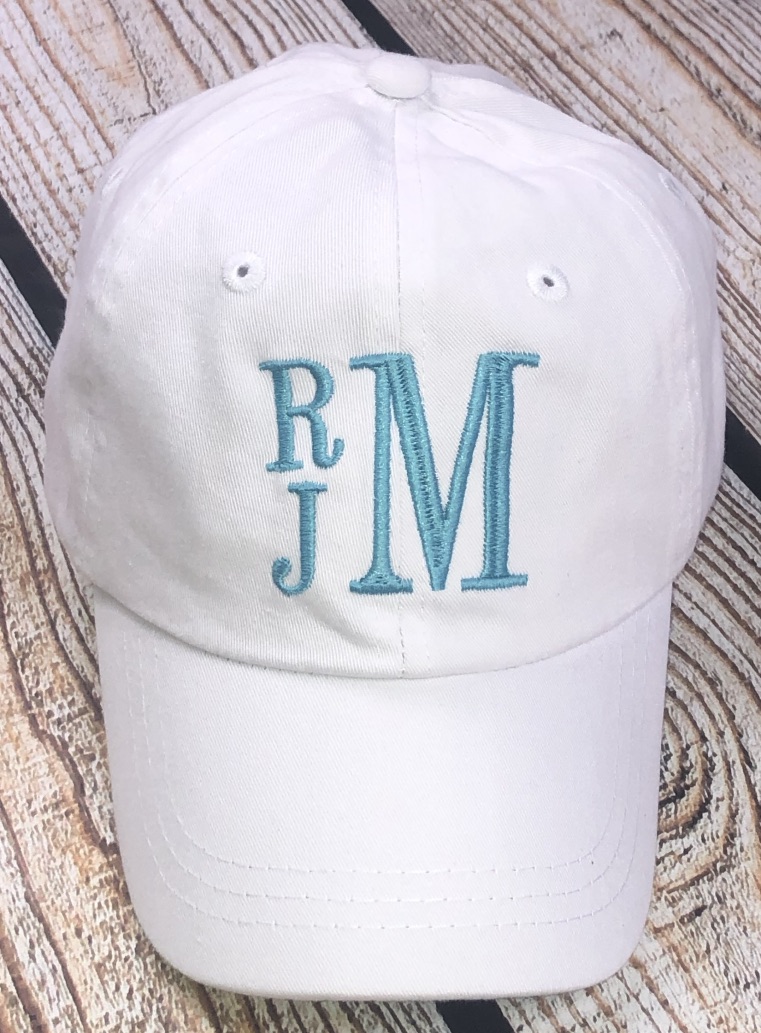 Boys Monogrammed Hat- White with Pool Blue Stacked Initials