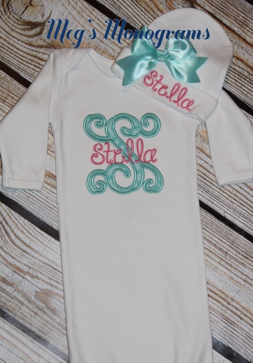 Pink and Teal Newborn Gown with Initial and Name