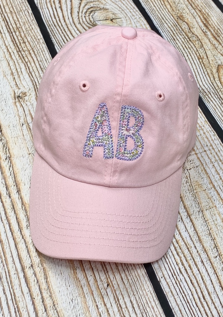 Girls Liberty "Amelia C" applique initial Hat- pink with purple thread *Double Name*